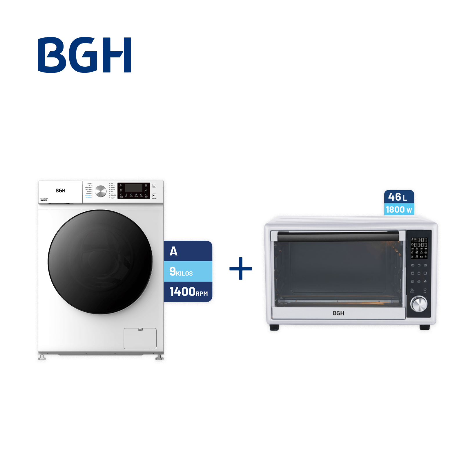 Combo Lavarropas BGH Inverter Carga Frontal Blanco 9kg + Horno Eléctrico BGH Digital Blanco 46L
